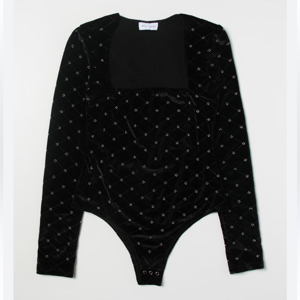 Weili Zheng velvet bodysuit Black blouse top studded Accents Large L